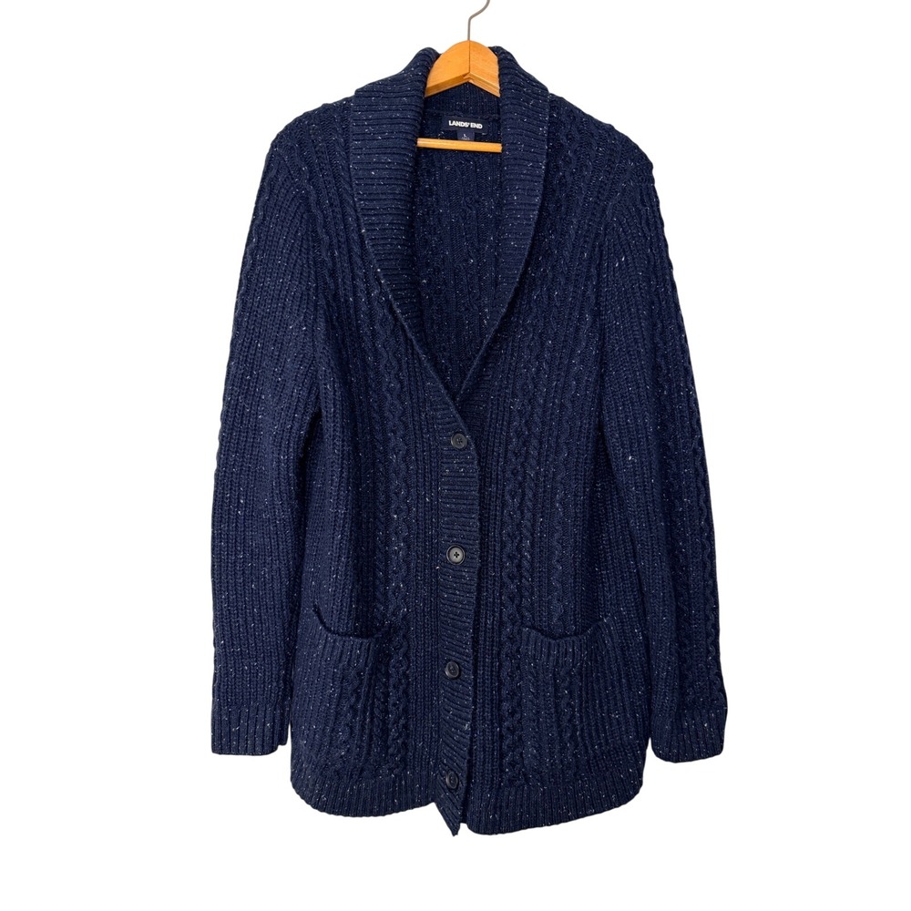 Lands End Navy Blue Cable Knit Shawl Collar Cardigan Sweater Wool Blend Large